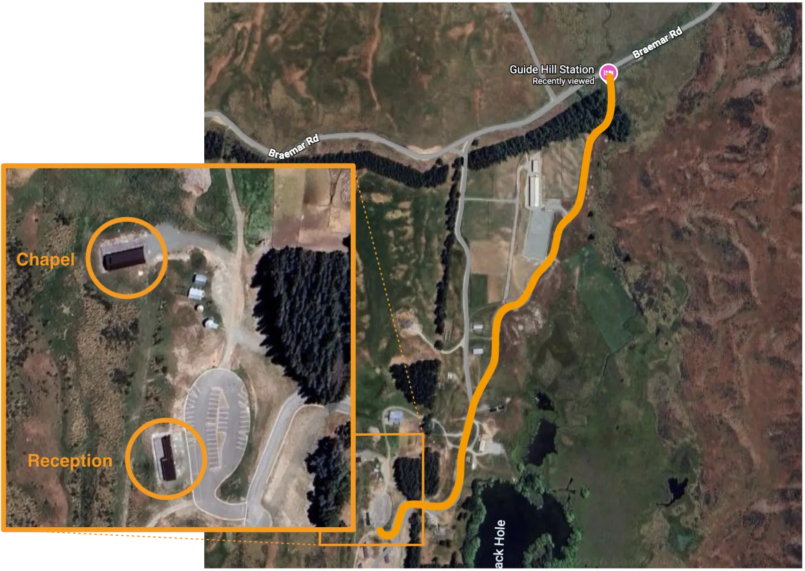 Map showing the route in to Guide Hill Station, with the chapel and reception marked.